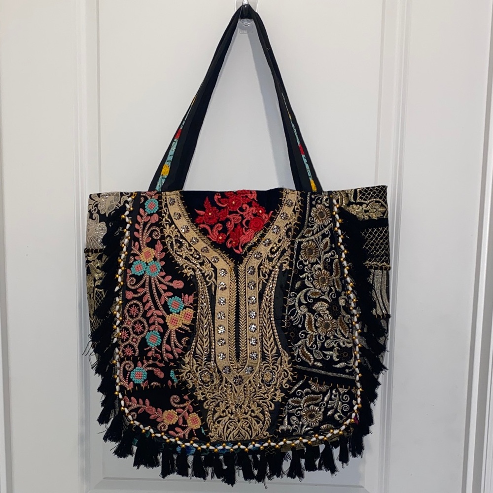 Embroidered Black and Gold Tote Bag